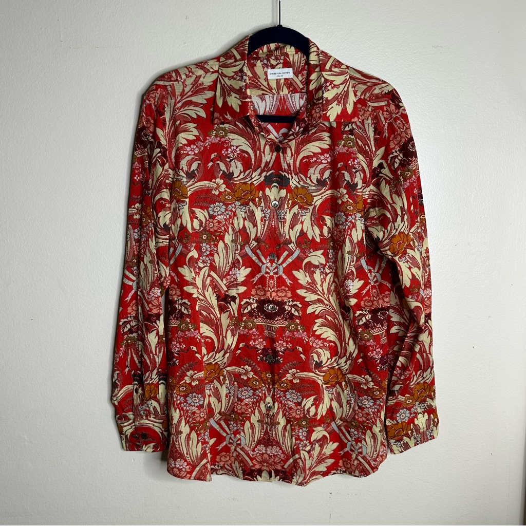 Dries Van Noten Womens Red Baroque Long Sleeve Floral Cotton Shirt Size 42